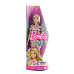 Barbie Modelka - šaty s modrými a žlutými květinami HJT05